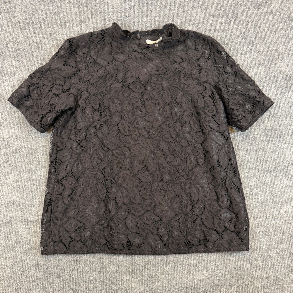 H&M Floral Lace Mock Neck Short Sleeve Blouse Black Size S Coquette Whimsigoth